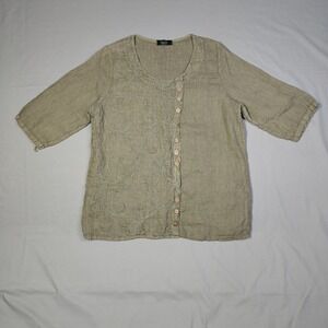 Cherishh Italy Womens Linen Embroidered Blouse Olive Green Size M Asymmetric Top